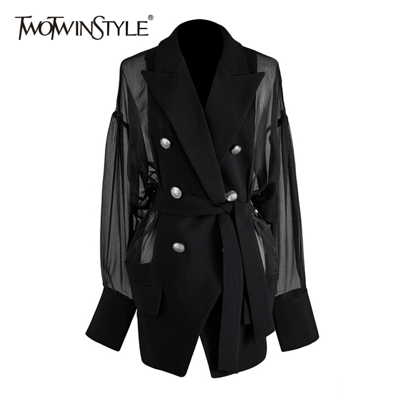 TWOTWINSTYLE Casual Patchwork Mesh Blazer Women Notched Neck Lantern Long Sleeve High Waist Lace Up Suit For Female Fashion Tide 201114, Black
TWOTWINSTYLE Casual Patchwork Mesh Blazer Women Notched Neck Lantern Long Sleeve High Waist Lace Up Suit For Female Fashion Tide 201114, Black