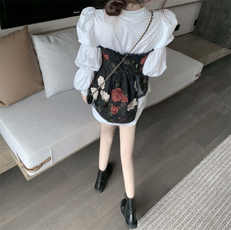 Gaganight Fashion Women Two Pieces Set White Long Sleeve Shirt Vintage Embroidery Flower Tube Suit 2Pieces Set Dropshipping 201119