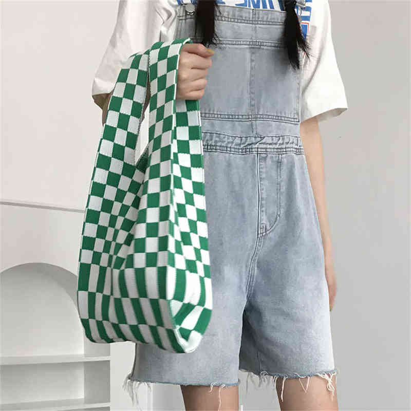 NXY Shopping Bags pouch Women Diamond Check Knit Handbag Convenient Korean Simple and Fashionable Folding Storage Shoulder 220128