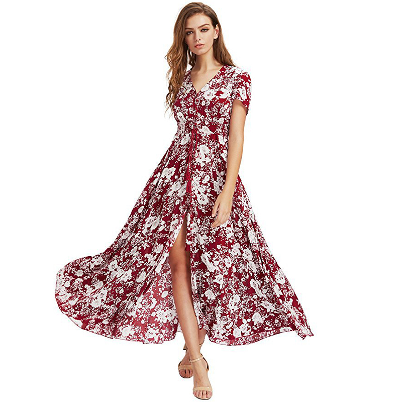 Bohemia Floral Long Women Dress Summer Button Boho Beach Maxi Dress Ladies Fashion Vintage Print casual dress women LDW1026 T200320