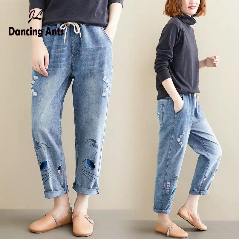 Woman Plus-Size Jeans High Waist Loose Casual Harem Pants Cartoon Embroidery Hole Drawstring Slim Female Ankel-length Trousers, Blue
Woman Plus-Size Jeans High Waist Loose Casual Harem Pants Cartoon Embroidery Hole Drawstring Slim Female Ankel-length Trousers, Blue