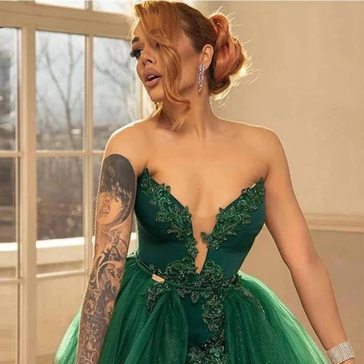 Green Fluffy Prom Dresses Custom Made Classic Sequins Off Shoulder Party Gown Detachable Train Mermaid High Slit Dress