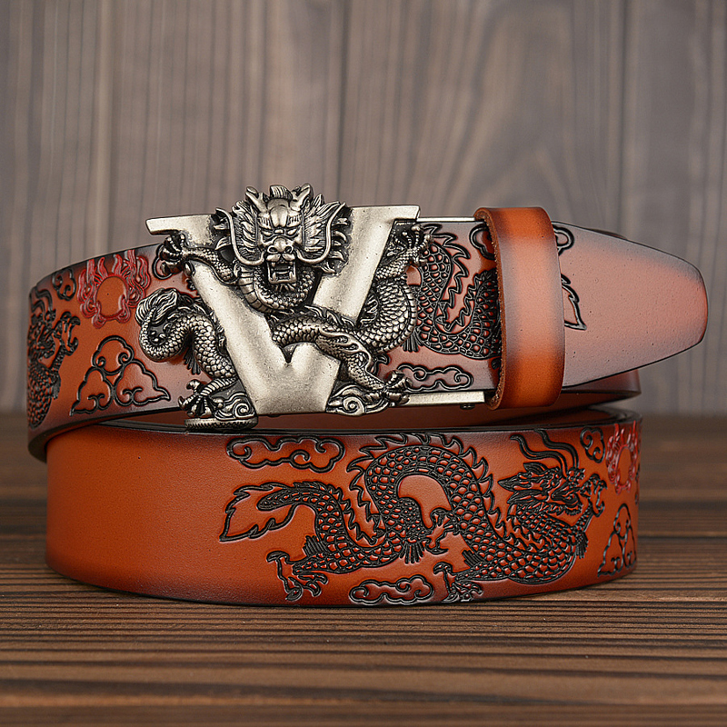 New Male China Dragon Belt Cowskin Genuine Leather Belt for Men Carving Dragon Pattern Automatic Buckle Belt Strap For Jeans 201117