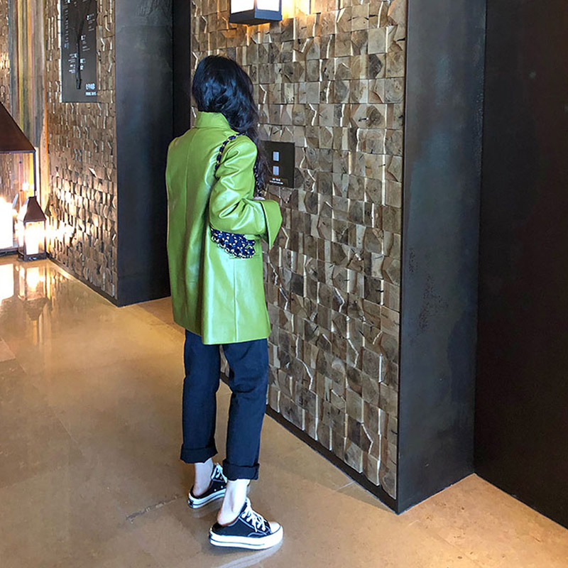 Korean Loose Fit Solid Color Pu Leather Jacket Lapel Long Sleeve Women Coat Fashion Spring leather coat PY137 201020