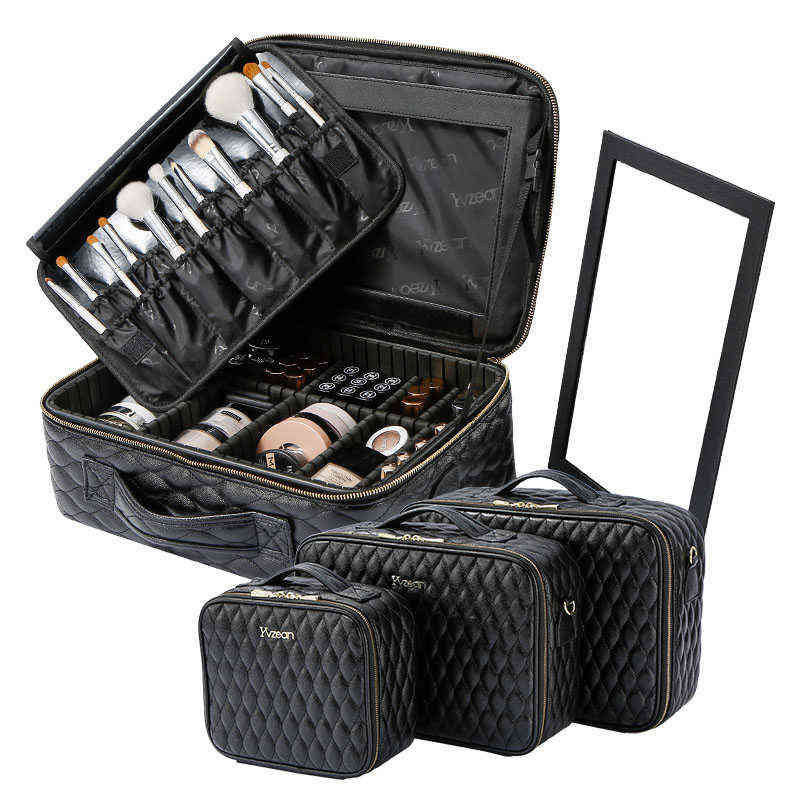 NXY cosmetic bags Small size Black Cosmetic storage bag professional portable large capacity tattoo toolbox with mirror 220118