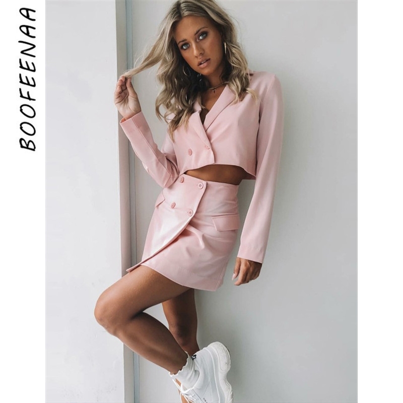 BOOFEENAA Pink Long Sleeve Blazer Skirt Two Piece Set Women Outfit Office Dress Suits Work Wear Sexy Matching Sets C92-AE83 T200325