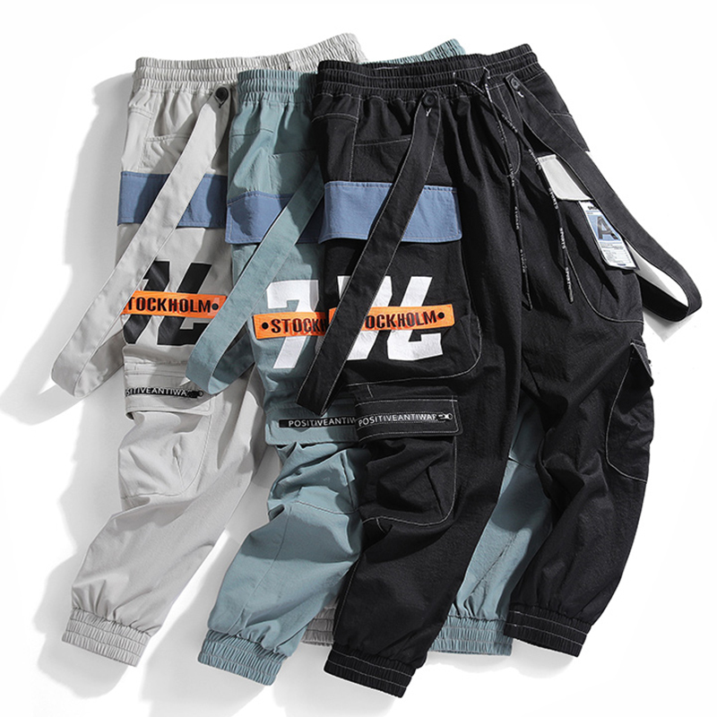 Men's Casual Cargo Joggers Harem Pants - Ral Print, Multi Pockets, Elastic Waist, Green, Polyester, Streetwear, Hip Hop, Techwear