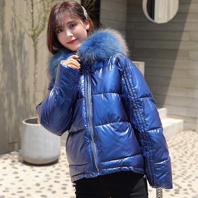Winter Faux Fur Collar Short Parka Women Hooded Cotton Padded Jacket Female Shinny Parkas Fashion Thicken Warm Coats Woman 201019