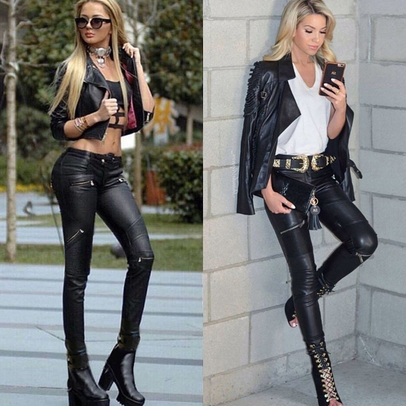 High Waist Stretch Pu Leather Pants Women Skin Tight Motorcycle Gothic Punk Rock Pencil Trousers Zipper Moto Biker Plus Size XS 201106