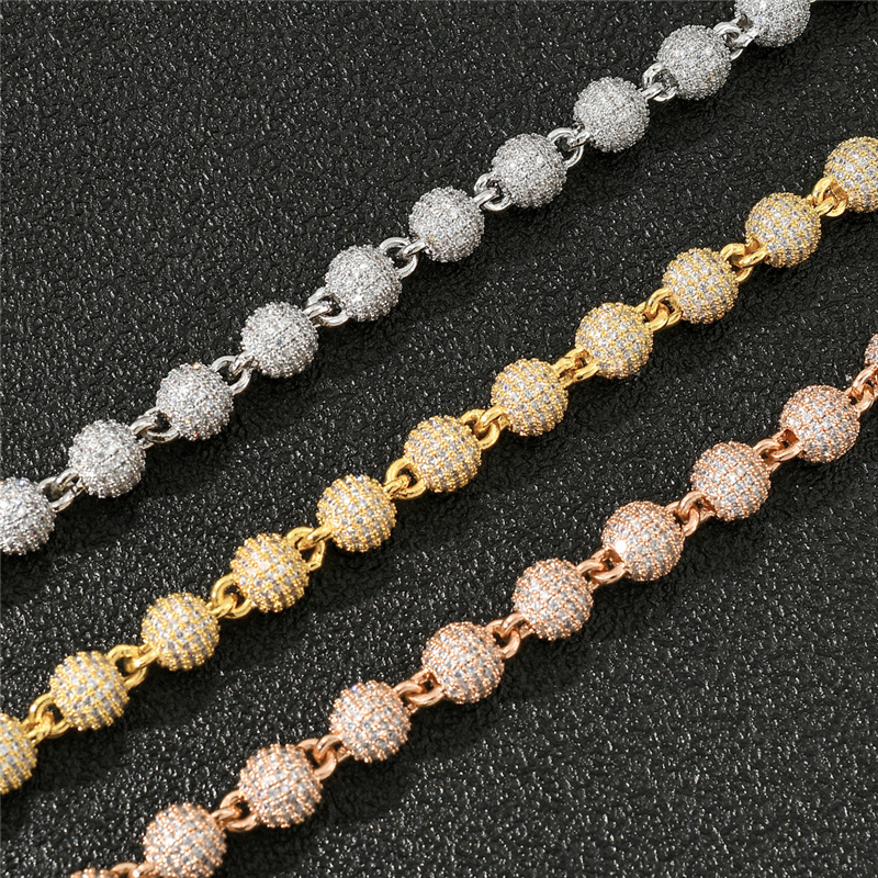 Mens Street Hip Hop 8mm 7-24inch Gold Sier Colors Bling CZ Round Beads Chain Necklace Bracelet Jewelry