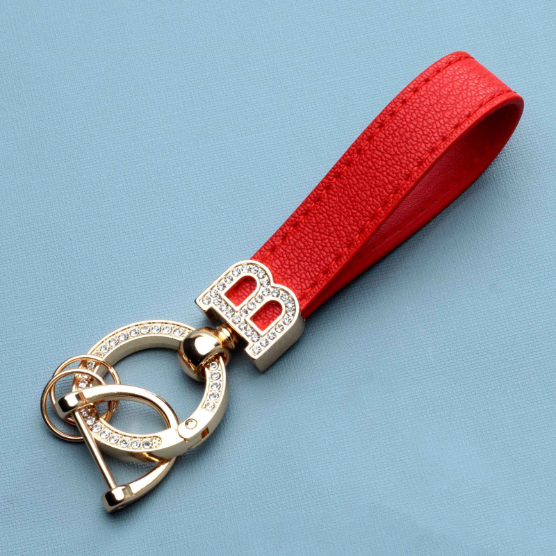 Classic Design Colorful Leather Keychain Car Key Gold Initial B Buckle Handbag Decorate Pendant Diamond Keyrings for Gift