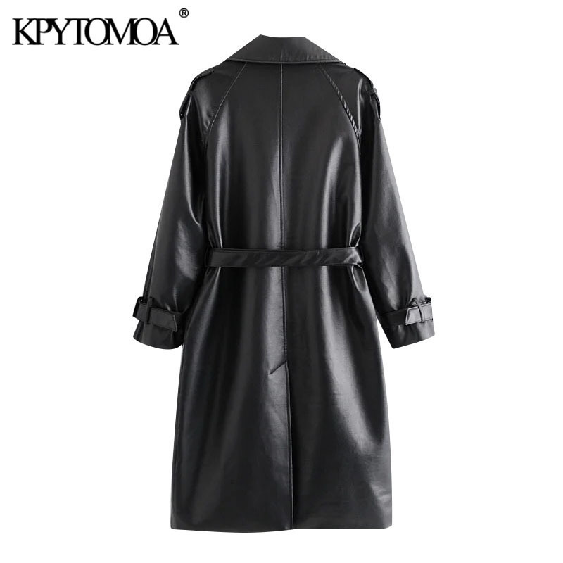 KPYTOMOA Women Fashion With Belt Double Breasted Faux Leather Trench Coat Vintage Long Sleeve Female Outerwear Chic Overcoat 201211