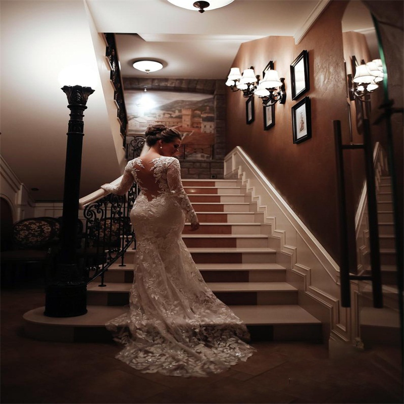 High Neck Mermaid Wedding Dresses Long Sleeves Appliqued Lace Bridal Gowns Sexy Illusion Sweep Train Custom Made Robes De Mariée
