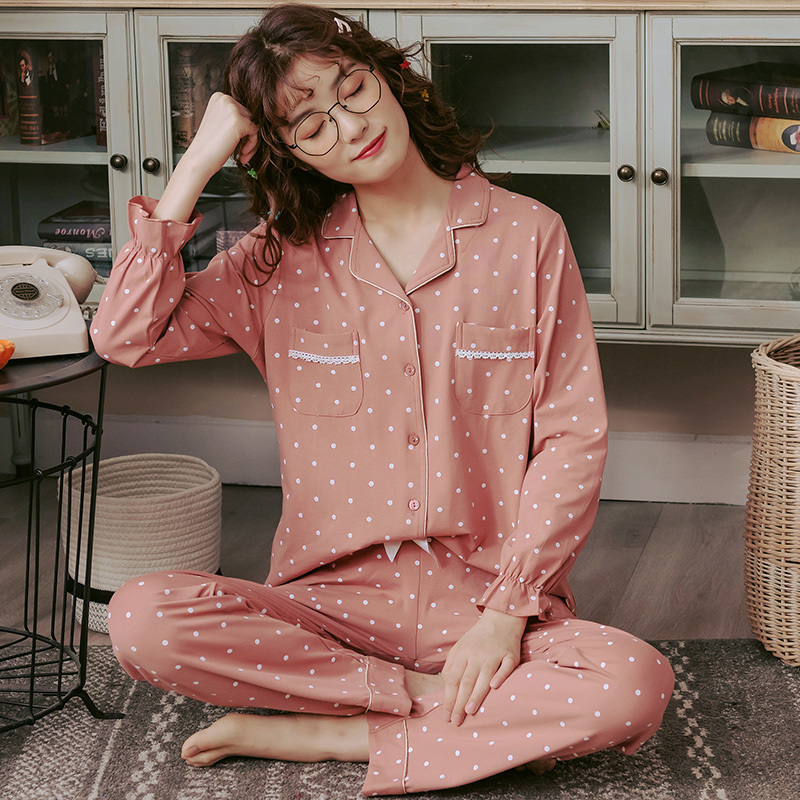 BZEL New Fashion Sleepwear Women's Cotton Cute Pajamas Girls Long Sleeve Tops+Pants With Pockets Polka Dot Casual Lounge Wear 201031