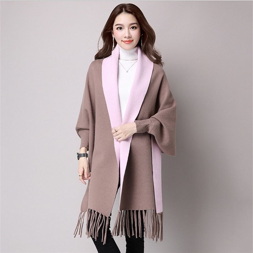 Winter Poncho With Sleeve Shawls Wraps Pashmina Lapel Lattice Geometric Knitted Sweater Coat Tassels Cape Sleeves Women 201214