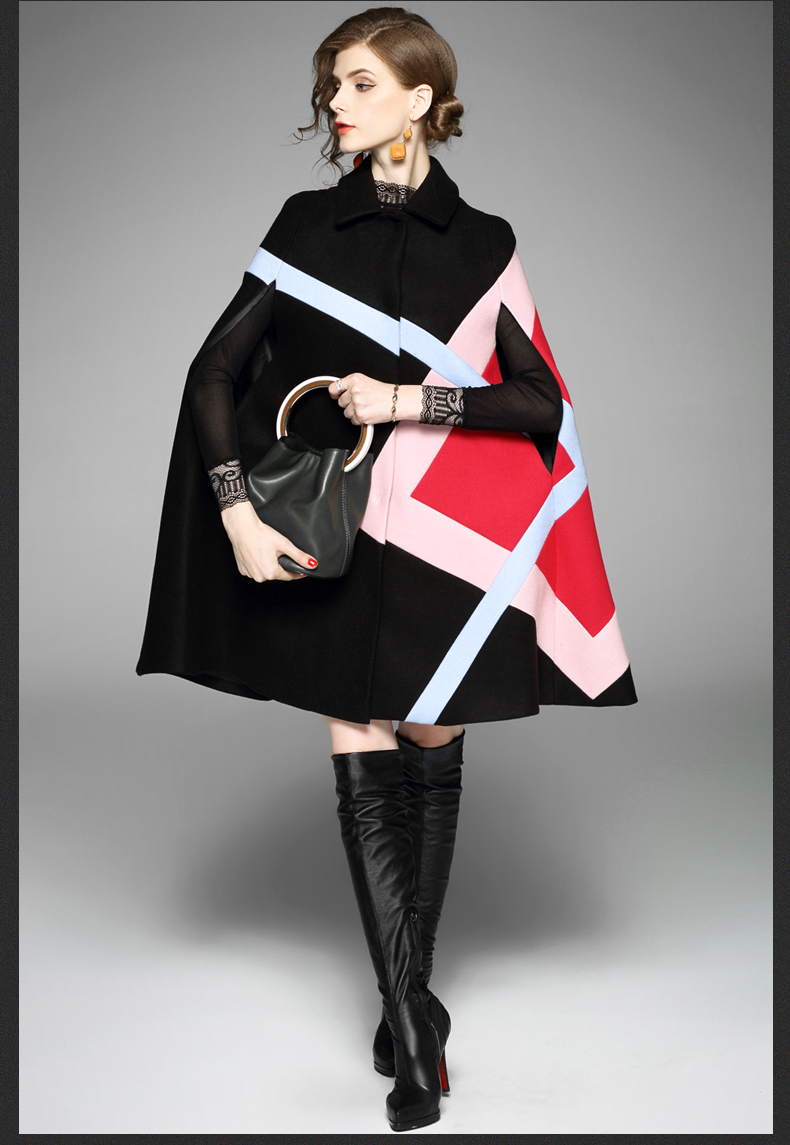 Runway Autumn Winter Women Cloak Poncho lapel Wool Blends Coat Geometric Patchwork Batwing Sleeve Tweed Cape Outerwear 201210