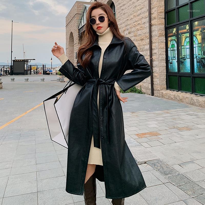 Vintage black long faux leather trench coat for women belt long sleeve spring autumn coat women plus size loose overcoat1
Vintage black long faux leather trench coat for women belt long sleeve spring autumn coat women plus size loose overcoat1