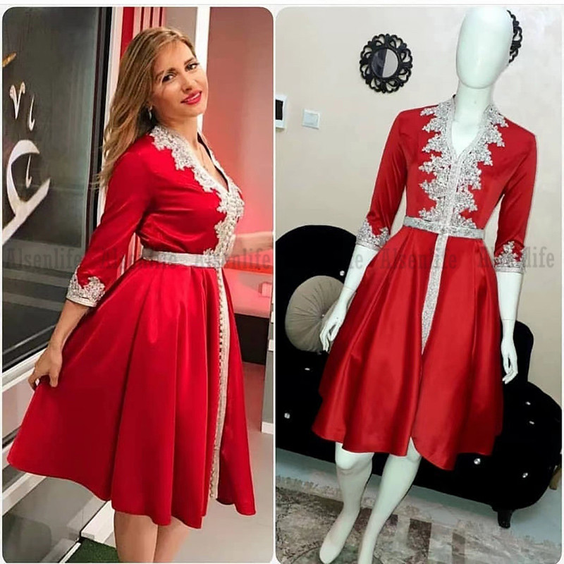 Cheap robe de soiree Short Prom Dress Long Sleeves V neck Satin Cocktail Party Gowns Appliques Lace Formal Evening Wear