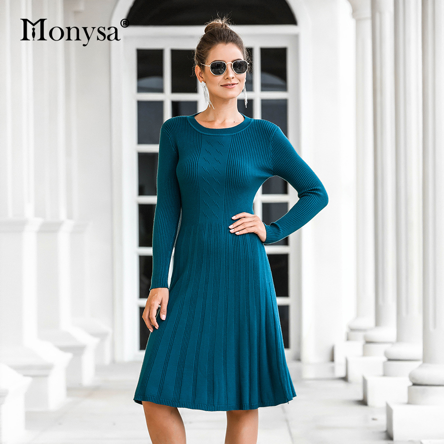 Casual Knitted Dress Women Fall Winter Long Sleeve Slim Fit Midi Dresses Ladies Pleated Sweater Dress Blue Black Brown 201110