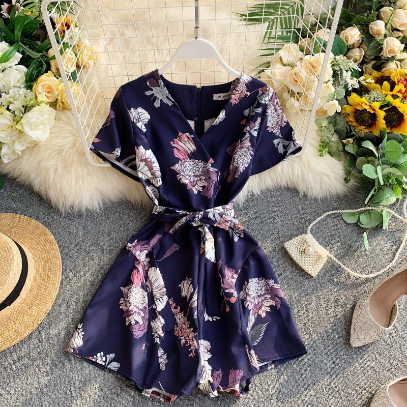 Vintage Boho slim floral print 2020 V Neck Jumpsuit Casual Sexy Women bandage rompers Short Summer Playsuit Beach Holiday Romper T200526