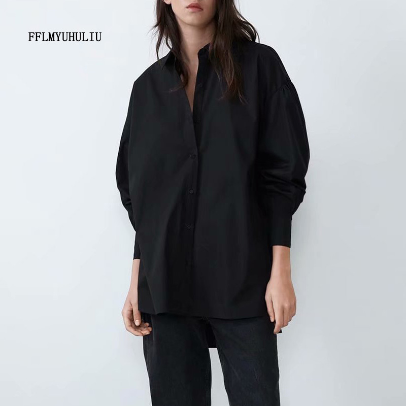 New Fashion Solid Color Women's Shirt Lapel Lantern Sleeve Seven-Sleeve Blouse Buttons Irregular Hem Long Casual Loose Shirt T200321