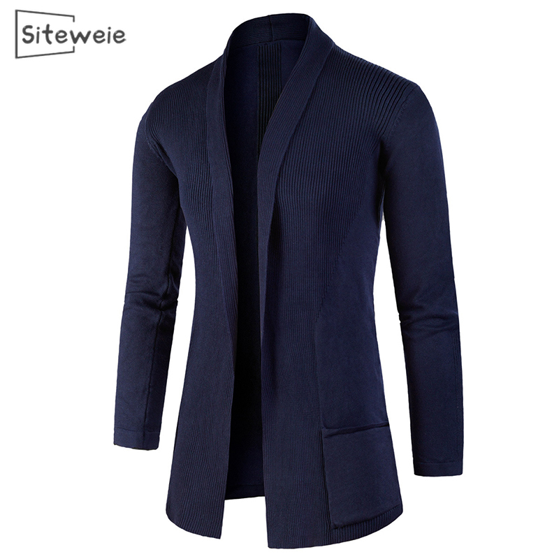SITEWEIE New Men's Lapel Cardigan Sweater England Style Men Korean Trendy Slim Solid Color Jacket Sweater Long Coat L437 201118