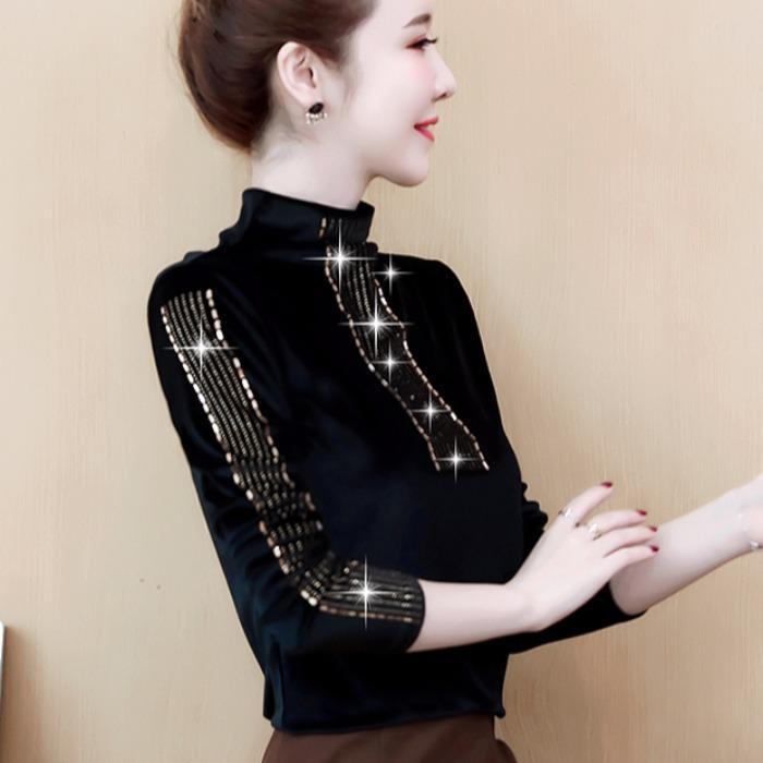 Women's black gold velvet hot drilling semi-high collar autumn and winter western style small shirt, Red
Women's black gold velvet hot drilling semi-high collar autumn and winter western style small shirt, Red