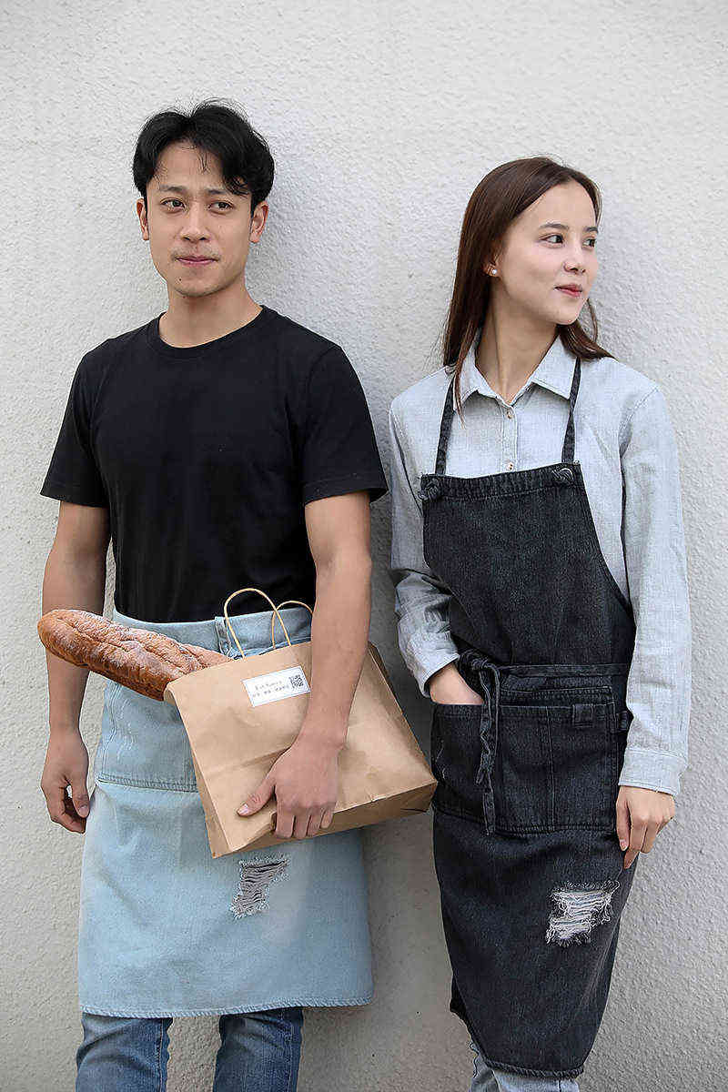 Unisex Vintage Blue Kitchen Denim Aprons for Women Men Restaurant Homewear Workwear Apron Cooking Chef Barista Bartender 211222