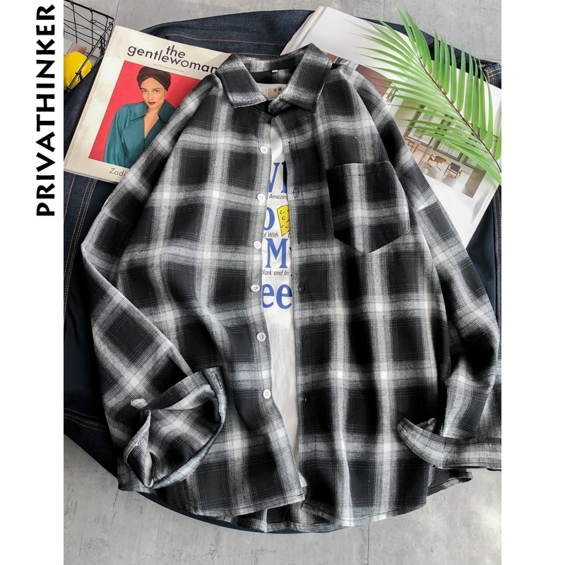 Privathinker Men Plaid Shirts INS Style Man White Red Black Plaid Long Sleeve Shirts Male Oversized Top Shirt Plus Size 201120