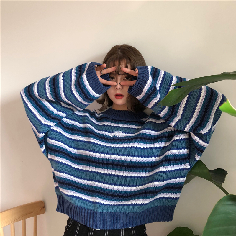 Women s Sweaters Clarissa Sweater Blue White Striped Oversized Jumper Embroidered Mock Neck Cropped Pullovers Harajuku 220906