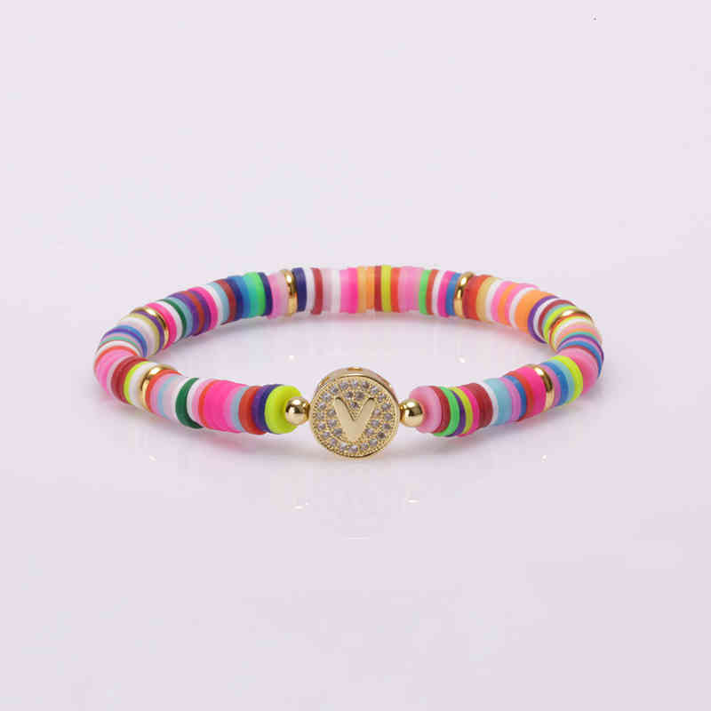 Bohemia Gypsy Gold Initial 26 Alphabet Letter Name Charm Coloful Rainbow Silicone Plastic Beaded Bracelets for Women Man 2020