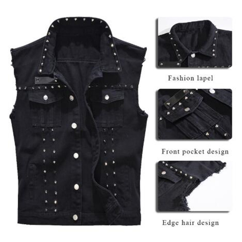 New 2020 Denim Vest Men Punk Rock Rivet Cowboy Black Jeans Waistcoat Fashion Men Motorcycle Style Sleeveless Jeans Jacket M- LJ201217
