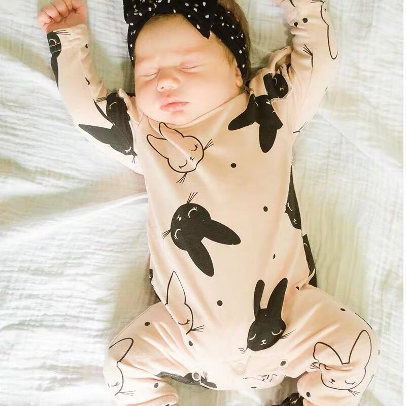 Newborn Baby Girls Romper Cartoon Rabbit Pattern Cotton Long Sleeve Jumpsuit+Headband Infant 2Pcs Toddler Clothes Set 201028