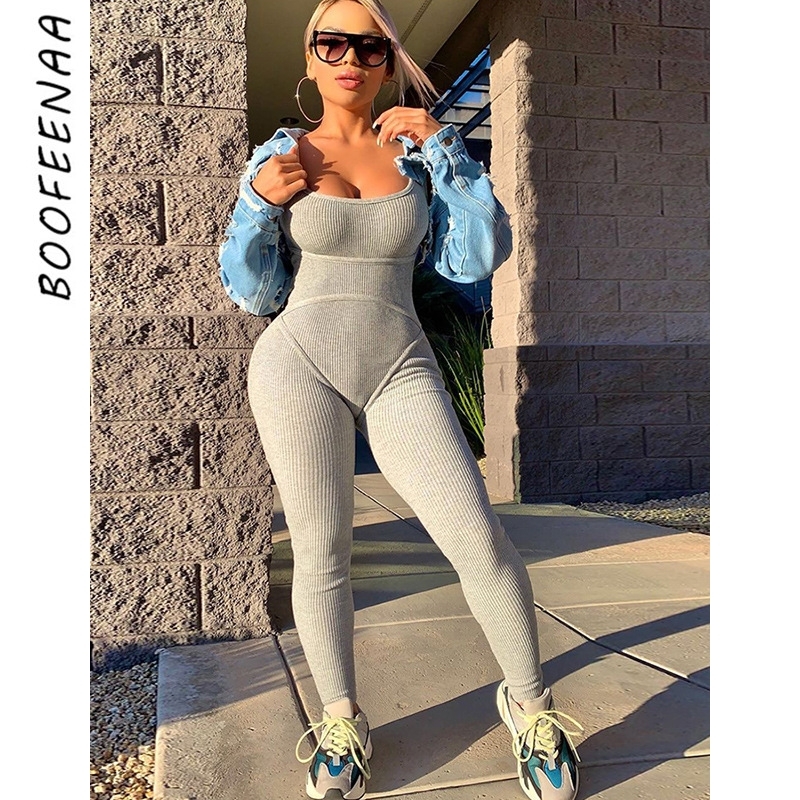 BOOFEENAA Sexy Ribbed Sleeveless Backless Bodycon Jumpsuit Sporty One Piece Outfits Jump Suits for Women Active Wear C87-AC40 T200509