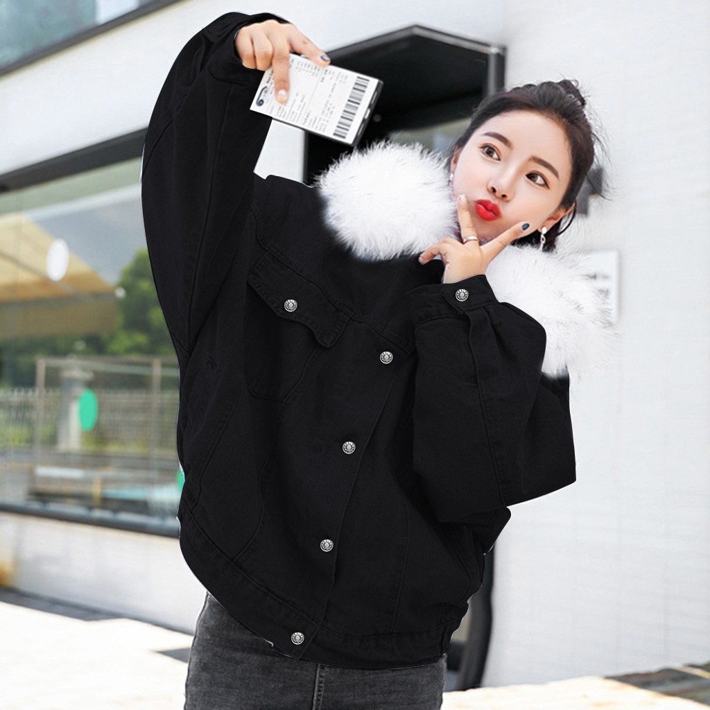 Women's Denim Jacket With Fur Winter Jeans Hooded Velvet Coat Female Faux Fur Collar 2019 Padded Warm Jackets Bomber Windbreake T200111
