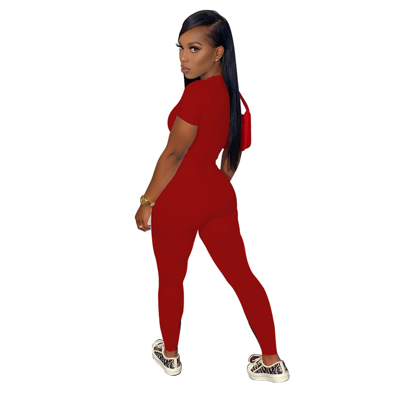 Wholesale Jumpsuits Summer Women rompers Short Sleeve Jumper Suit Solid Zipper bodycon bodysuits Casual Solid Skinny leggings Black Overalls Bulk 5710