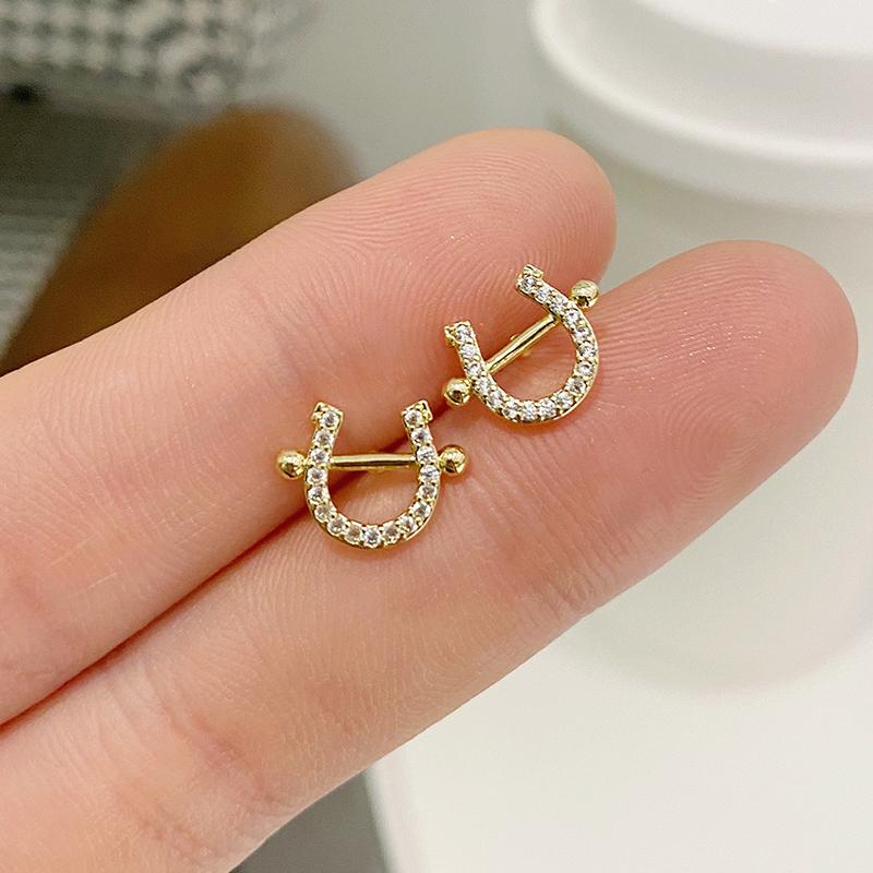 Stud Shiny Side Fashion Brand Jewelry Crystal Letter U Earrings For Women Simple Style Cute Small