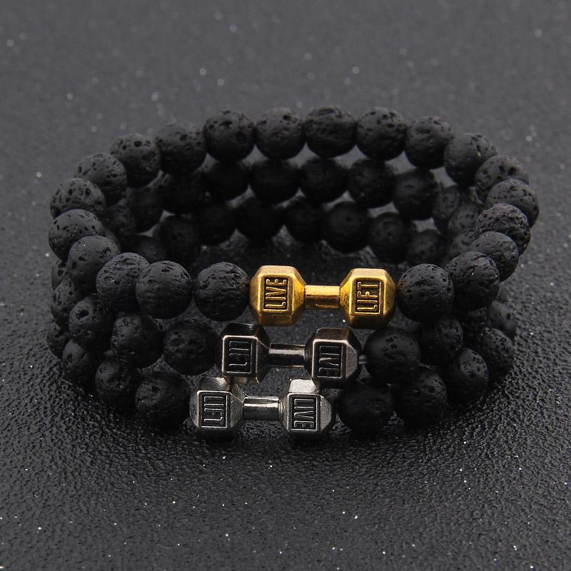 Black Artificial Lava Turquoise Stone Dumbbell Chakra Beads Bracelets Couple Lover Fashion Strand Strength Bracelet Bangle Jewelry Wholesale