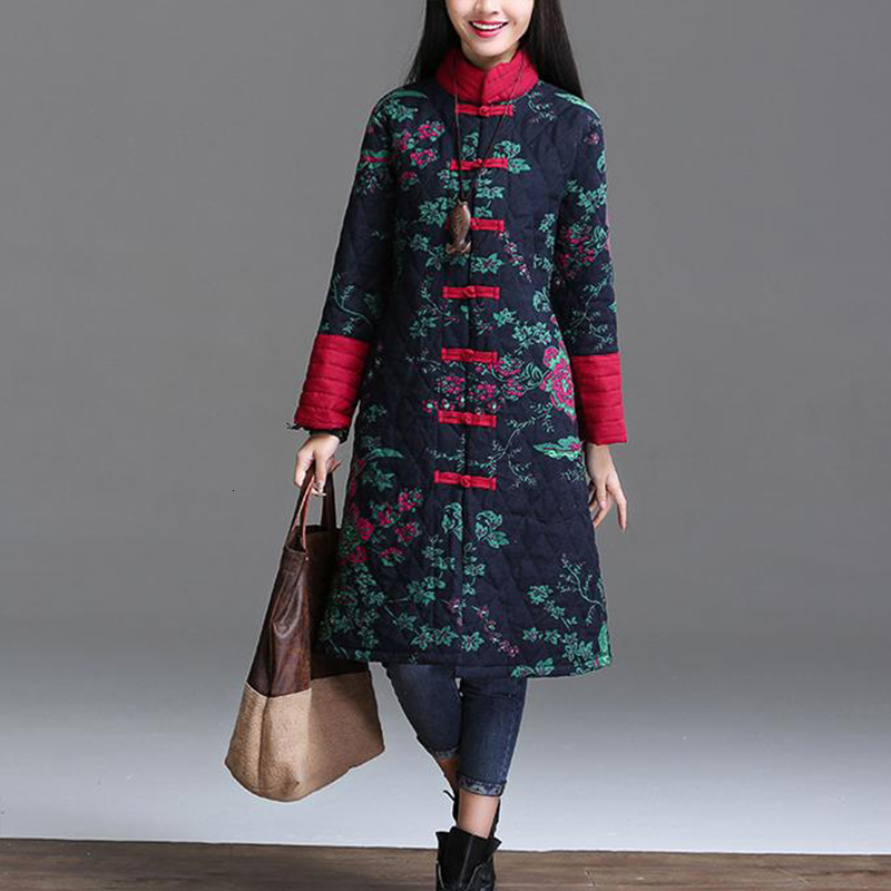 Chinese Red Floral Women Winter Warm Long Jacket Vintage Padded Coat Female Blue Flower Winter Quilted Parka Ladies Windbreaker 201217