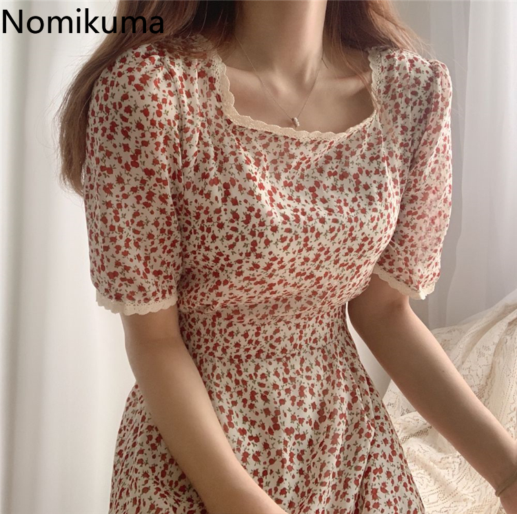 Nomikuma Square Collar Short Sleeve Elegant Dress Lace Patchwork Floral Print Slim Waist A Line Dresses Korean New Vestido 3a413 T200613