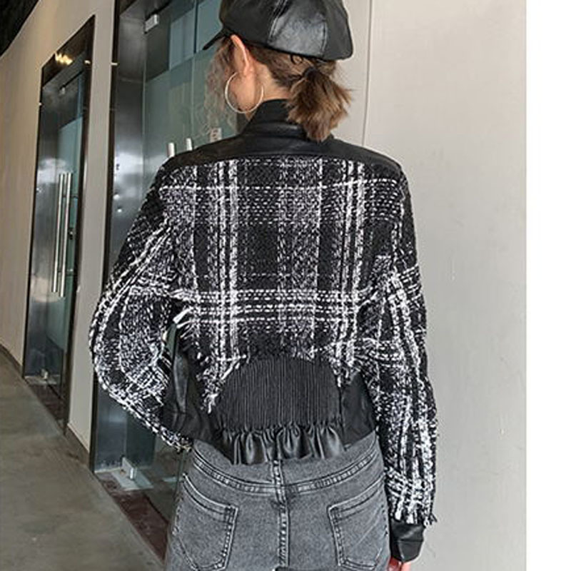 Small winter sweet wind fashion stitching lattice tweed PU leather brief paragraph coat dress 201030