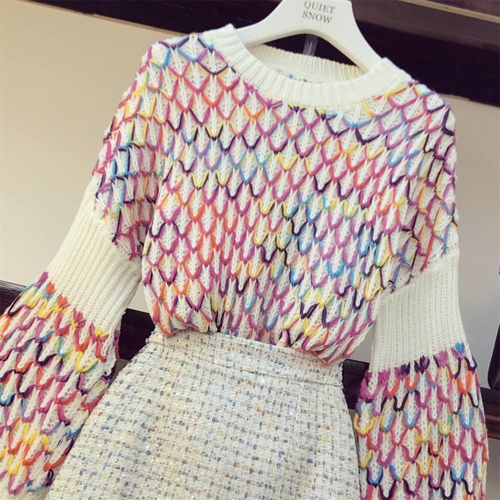 Fall Winter New Contrast rainbow rhombic knit Sweater + Sexy Short Tweed Skirts Womens Elegant Skirts Two-piece Set Female 201123