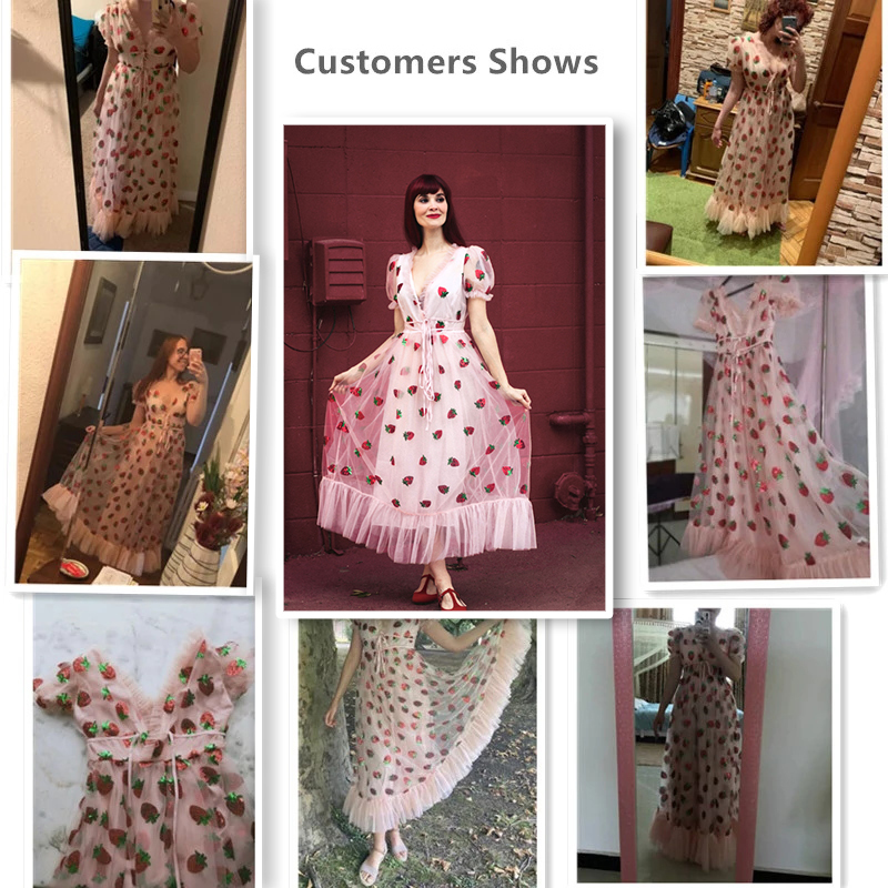 Sequins Strawberry Dress Women Elegant Long Dress V Neck Puff Sleeve Mesh Sexy Party Dresses Vintage Floral Dress Women Robe H1210