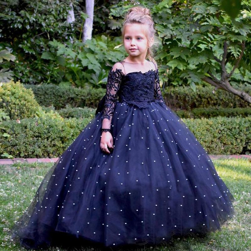 Black Pearls Ball Gown Flower Girls Dress Sheer Neck Long Sleeve Bow Tie Decoration Little Girls Communion Gown, Beige
Black Pearls Ball Gown Flower Girls Dress Sheer Neck Long Sleeve Bow Tie Decoration Little Girls Communion Gown, Beige