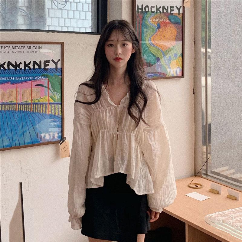 Cute Prairie Chic Thin Pleated Lantern Sleeves Loose Feminine Waist-controlled Ruffles Blouses Brief Solid Gentle Shirts Full, White 
Cute Prairie Chic Thin Pleated Lantern Sleeves Loose Feminine Waist-controlled Ruffles Blouses Brief Solid Gentle Shirts Full, White