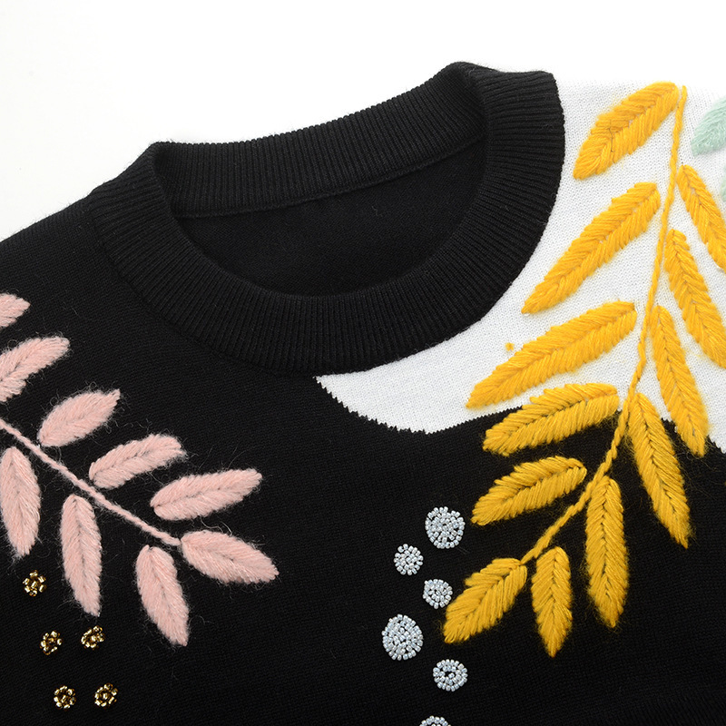 Winter New Contrast Striped Sleeve Embroidery Leaves Beaded Sequins Sunglasses Girls Knit Sweater C-331 201224