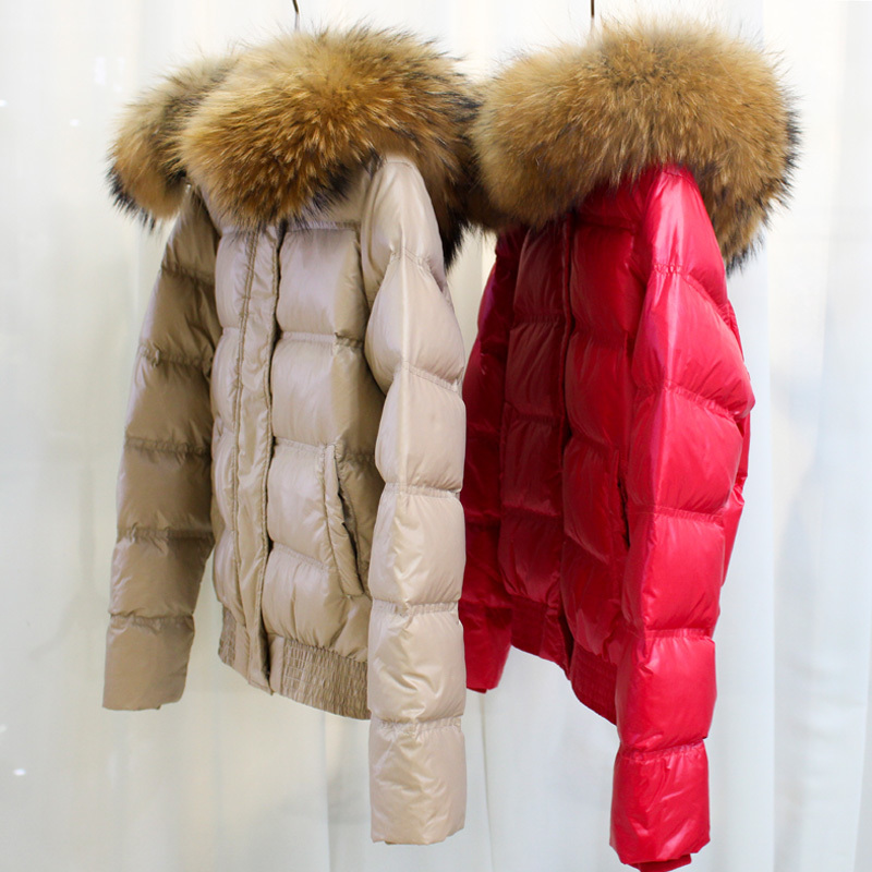 Janveny Waterproof Down Coat Winter Women Puffer Shiny Jacket Natural Raccoon Fur Hooded Short 90% White Duck Down Parkas 201019