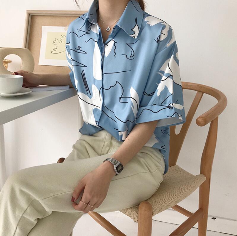 Spring summer women's Korean loose Harajuku personality graffiti printed short-sleeved shirt 201125