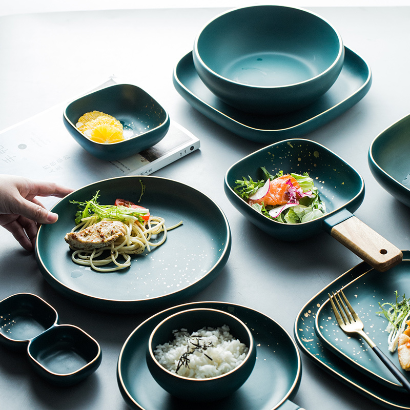 ATUCOHO High Fashion Retro Green Nordic Ceramic Tableware Set Dinnerware Set Bowl Plate Soup Bowl Set Modern Style High-end 201217 - view 4