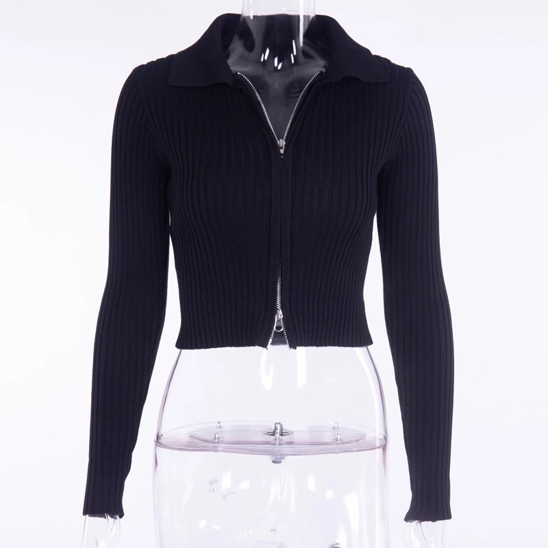 Zip Up Streetwear Cropped Knitted Sweaters Sequin Long Sleeve Front Zipper Black Harajuku Tops Cardigan Winter Clothes 201030